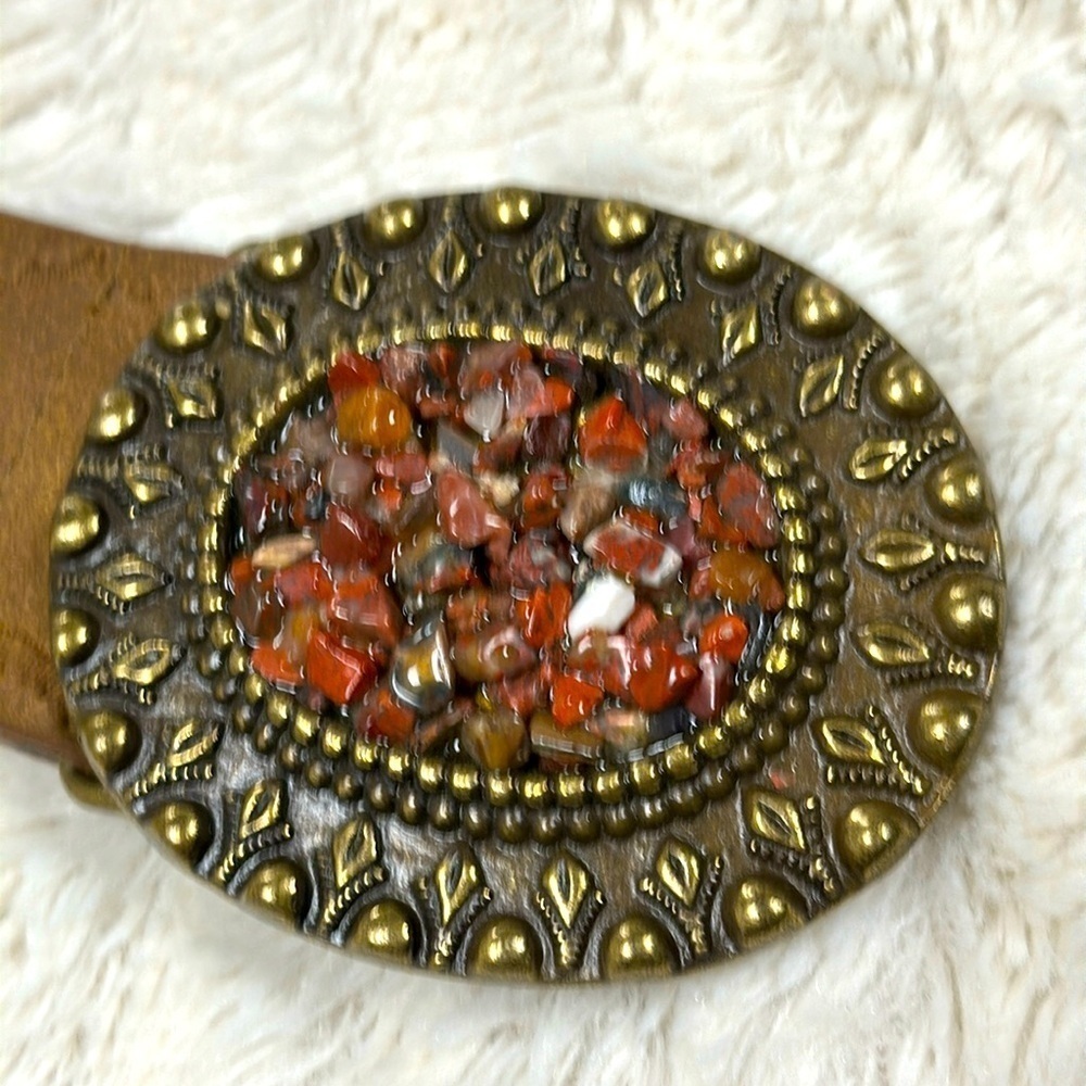 Vegan leather belt  with flower cutouts and  oval brass buckle w/ tiny stones XL
